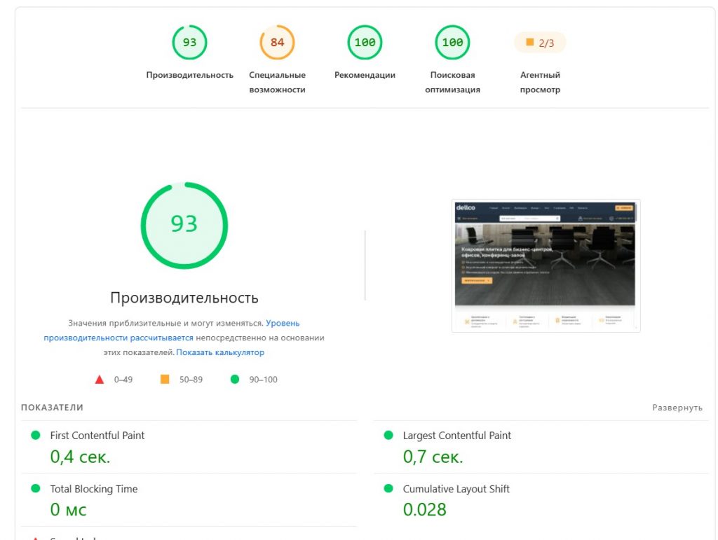PageSpeed Insights DELLCO — 93 Performance, 100 SEO
